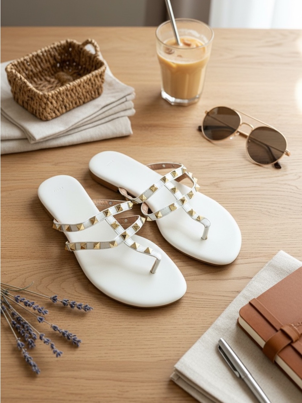 SHEIN White Studded Thong Sandals with Gold Accents